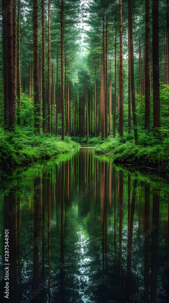 Vertical Forest Path Reflection In Calm Pond Vertical Forest Path Reflection In Calm Pond