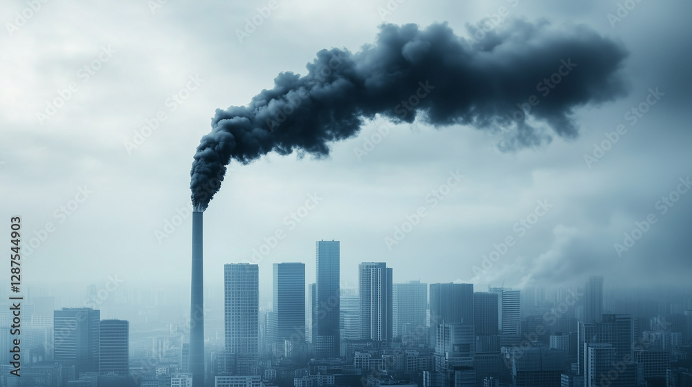 Smoke Stack and City Silhouette: This photo captures a towering smokestack belching thick, dark smoke over a city skyline. Smoke Stack and City Silhouette: This photo captures a towering smokestack belching thick, dark smoke over a city skyline.