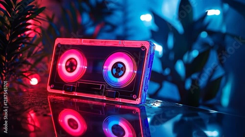 Neon cassette tape in a vibrant interior with plants and fairy lights