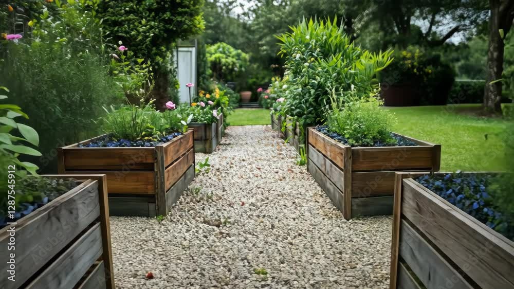 Lush garden pathway lined with wooden planters and colorful flowers in serene landscape Lush garden pathway lined with wooden planters and colorful flowers in serene landscape