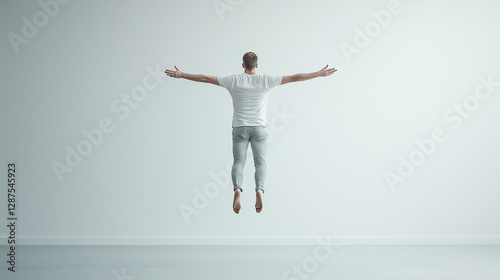 Soaring to New Heights: A man levitates weightlessly with arms outstretched, creating a scene of freedom and limitless possibilities in a minimalist space.