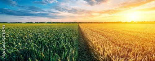 Breathtaking countryside landscape featuring lush green wheat and glowing golden corn, furrow marking the divide, warm summer sunlight enriching the rural farmland