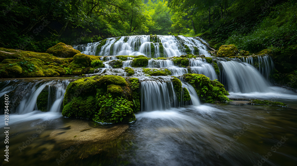 Fototapeta premium shot of a waterfall cascading over moss-covered rocks with rich color depth
