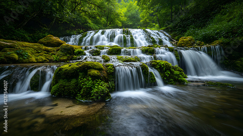shot of a waterfall cascading over moss-covered rocks with rich color depth 
