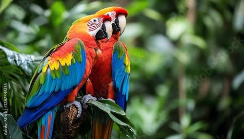 Brightly colored parrots perched in a dense rainforest, exotic wildlife scene with lush green foliage, vibrant blue, red, green, and orange feathers, tropical nature setting