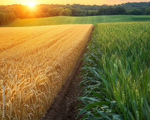 Endless rural farmland showcasing a stunning contrast of green wheat and golden corn, furrow separating the fields, warm sunlight highlighting the golden glow of corn