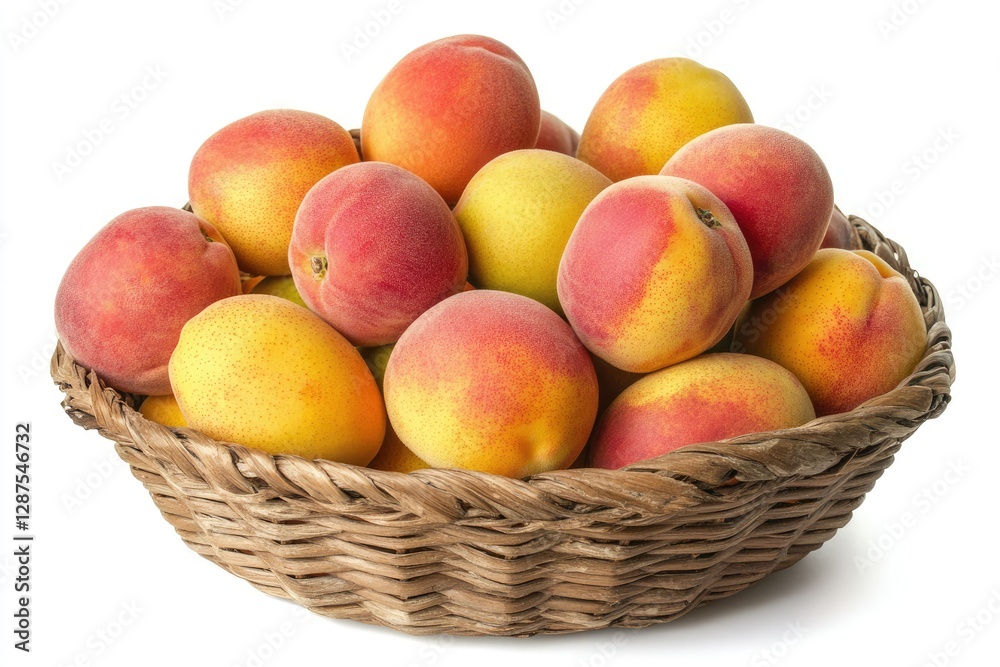 High Quality Image of Ripe Peaches and Mangoes in a Basket Isolated on White Background High Quality Image of Ripe Peaches and Mangoes in a Basket Isolated on White Background