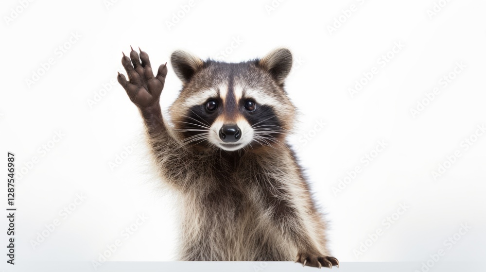 Obraz premium A raccoon waves its paw in greeting on a white background