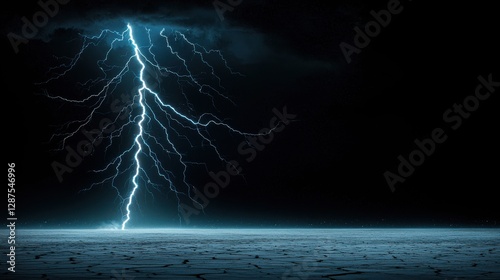 Natural disasters design. Dramatic lightning striking over a dark ocean surface.