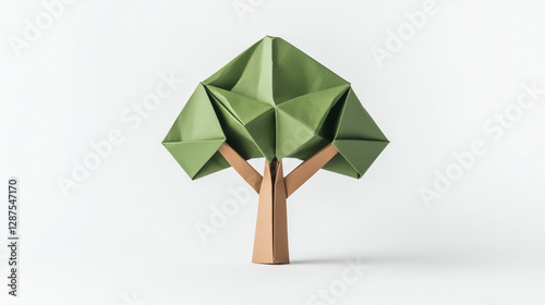 Origami Tree: A meticulously crafted origami tree stands alone, featuring a vibrant green paper canopy and a brown paper trunk, showcasing the art of paper folding and environmental themes.