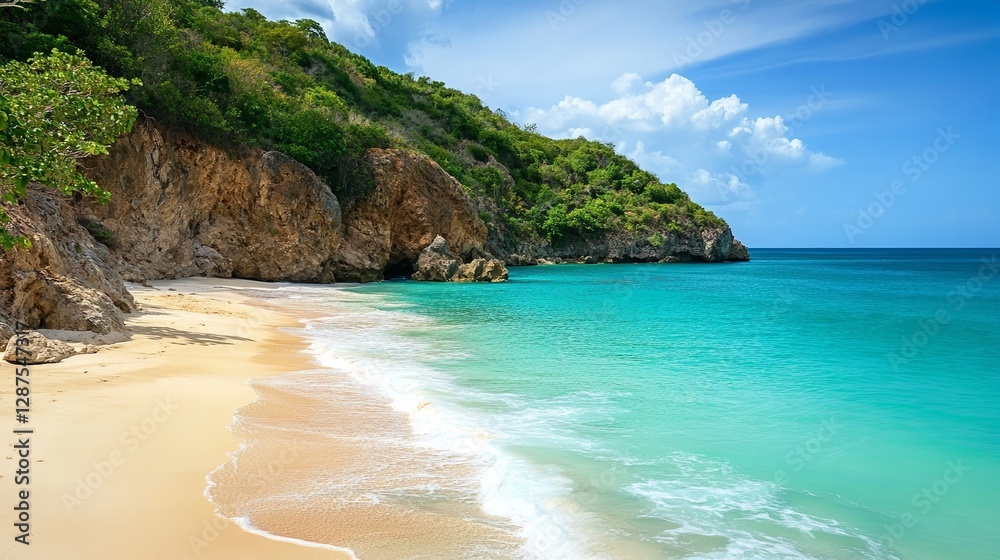 A Tropical Beach Scene (Likely Kelingking Beach, Nusa Penida, Indonesia) with a Sandy Shoreline, Turquoise Waters, Jagged Cliffs with Lush Greenery, and a Prominent Rock Formation, Under a Bright Blue A Tropical Beach Scene (Likely Kelingking Beach, Nusa Penida, Indonesia) with a Sandy Shoreline, Turquoise Waters, Jagged Cliffs with Lush Greenery, and a Prominent Rock Formation, Under a Bright Blue