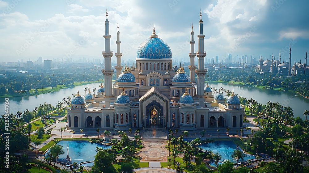 Naklejka premium Majestic Mosque, Aerial View, Cityscape