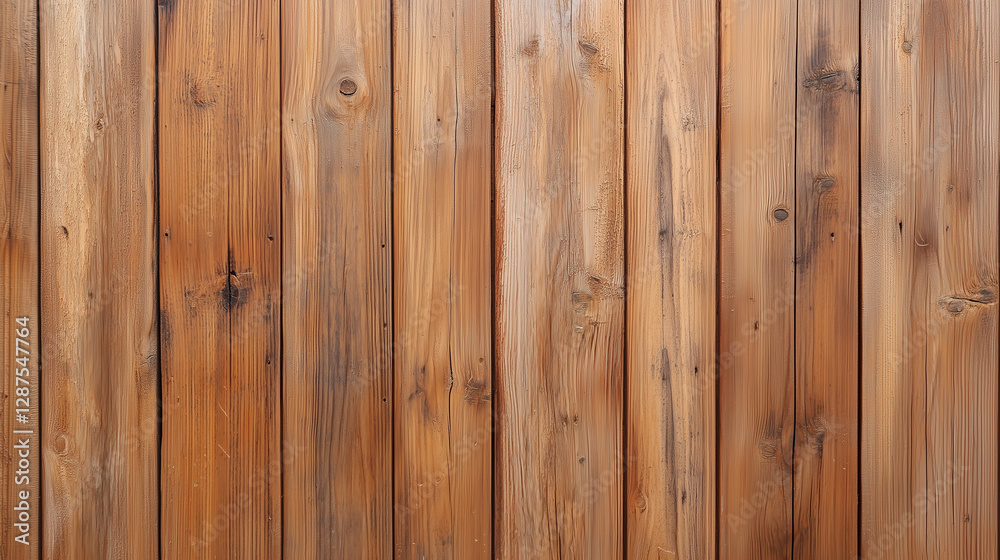 Naklejka premium Rustic Wooden Texture: Close-up of weathered, vertical wooden planks, showcasing the natural grain, knots, and warm tones, perfect for backgrounds and textures.