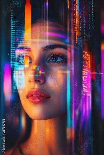 Wallpaper Mural Portrait of a woman surrounded by vibrant digital data streams in a futuristic setting Torontodigital.ca