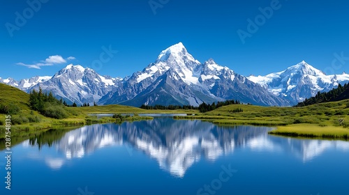 Majestic mountain range reflected in tranquil lake, sunny day, alpine meadow. Ideal for travel brochures