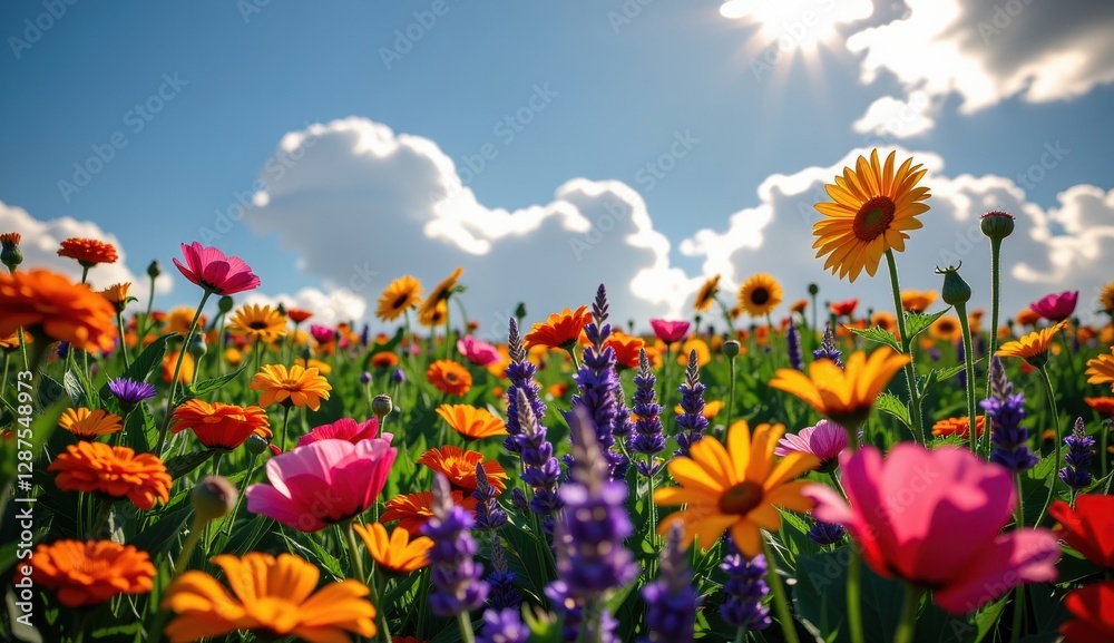 Vibrant wildflower meadow under a full moon glowing in an evening sky with colorful clouds Vibrant wildflower meadow under a full moon glowing in an evening sky with colorful clouds