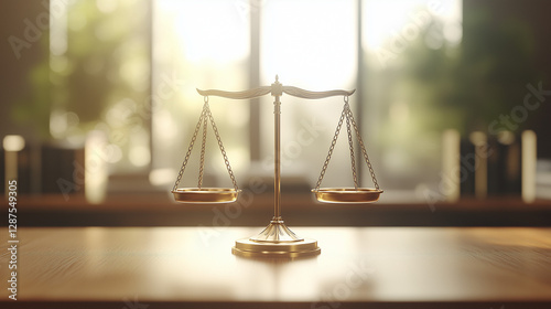 Symbol of Justice: A classic scales of justice, meticulously crafted and gleaming, sits prominently on a polished wooden surface, bathed in soft, natural light filtering through a nearby window. photo