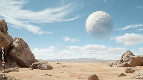 Lunar Vista: Witness an otherworldly expanse with a luminous celestial body dominating the sky, set against a backdrop of an arid, rocky landscape that suggests a remote, untouched realm. photo