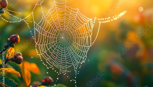 A delicate spiderweb with glistening dew drops, the perfect fusion of fragility and geometry, nature s beautiful, intricate design, ultrarealistic, 8K
