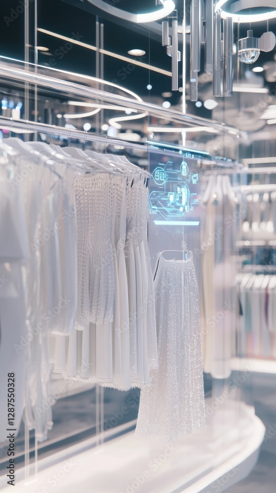 Fototapeta premium Modern retail display showcasing elegant white garments in a sleek, illuminated store