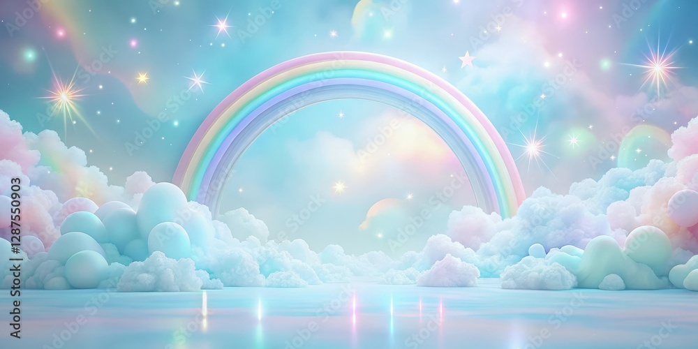 Dreamlike pastel rainbow arch over fluffy clouds and a sparkling sky background Dreamlike pastel rainbow arch over fluffy clouds and a sparkling sky background