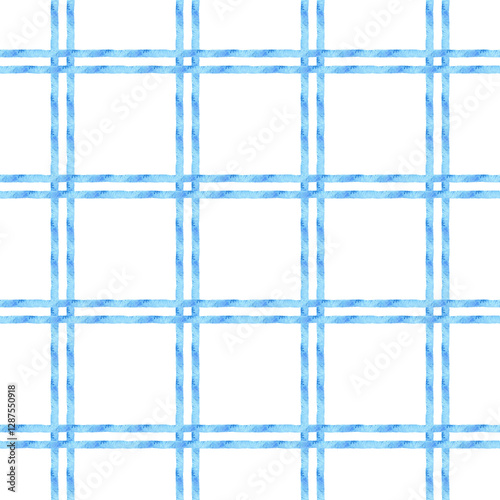 Hand drawn checkered background with blue stripes. Plaid seamless pattern. Watercolor illustration. Curve tapes ornament geometric, brush strokes. Curly paint lines. Template for wallpaper, textile.