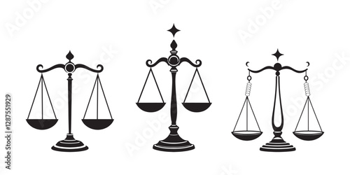 set of Scales isolated monochrome icon. Vector dual balance Themis scales of justice on decorative stand. Mechanical balancing scales, symbol of law and judgment, punishment and truth, .