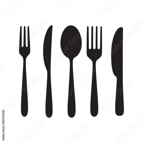 cutlery - fork, knife, spoon, teaspoon silhouette shape, set of black and white vector illustration, white background