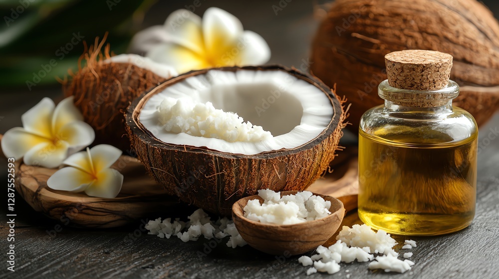Fresh coconuts, coconut oil, and tropical ingredients on a rustic wooden surface, organic products for wellness, healthy food and beauty care, natural care concept Fresh coconuts, coconut oil, and tropical ingredients on a rustic wooden surface, organic products for wellness, healthy food and beauty care, natural care concept
