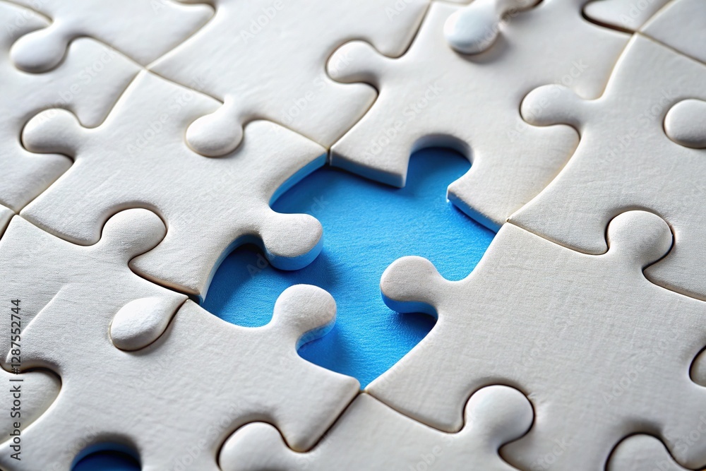 Abstract Puzzle Floor: Half-Inserted Blue Piece on White Background Abstract Puzzle Floor: Half-Inserted Blue Piece on White Background