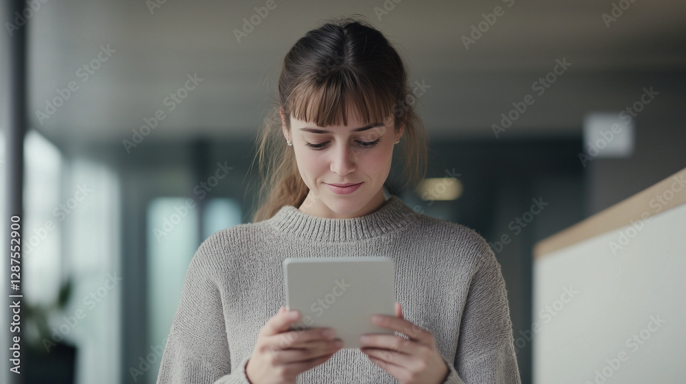 Focused Professional: A poised woman in a modern office setting intently uses a tablet, her expression reflecting a deep focus on the digital world. Focused Professional: A poised woman in a modern office setting intently uses a tablet, her expression reflecting a deep focus on the digital world.