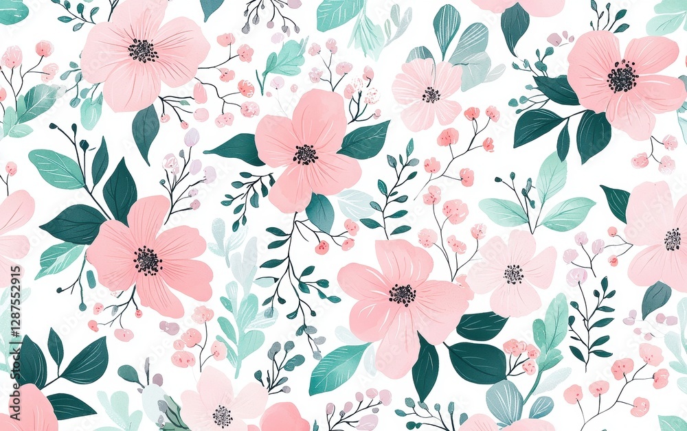 Delicate floral pattern with pastel pink and mint Easter motifs Easter