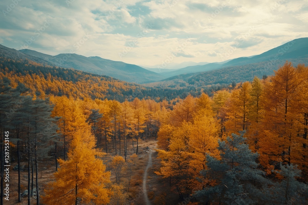 Winding path through golden autumn forest in the mountains Winding path through golden autumn forest in the mountains