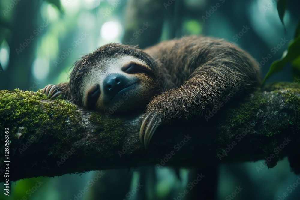 Naklejka premium Lovely sleeping sloth hugging mossy branch in rainforest