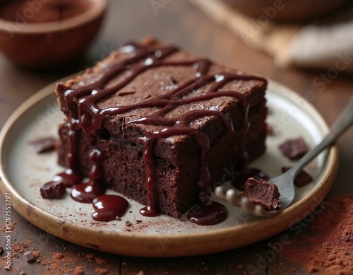 Rich chocolate brownie drizzled with glossy chocolate sauce served on a rustic plate with a fork resting beside it, surrounded by wooden bowls and a warm atmosphere photo