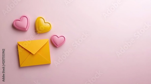 Bright Yellow Envelope Surrounded by Colorful Heart Shapes on Pink Background