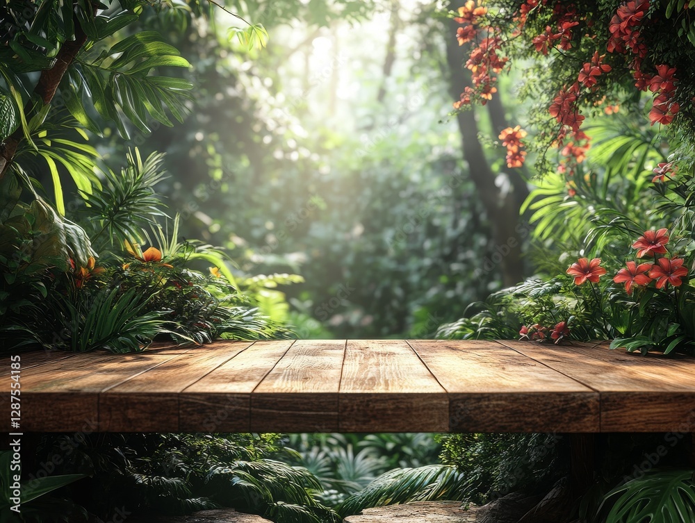 Lush Tropical Oasis: A Wooden Platform Nestled in Vibrant Greenery with Blooming Red Flowers, Sunlight Filtering Through the Dense Canopy Lush Tropical Oasis: A Wooden Platform Nestled in Vibrant Greenery with Blooming Red Flowers, Sunlight Filtering Through the Dense Canopy