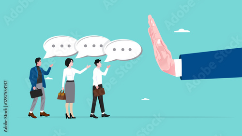 rejection in business, say no or disapprove, work conflict, decline or refuse in conversation, deny request, statement of disagreement, businessman hand reject or employee request or opinion