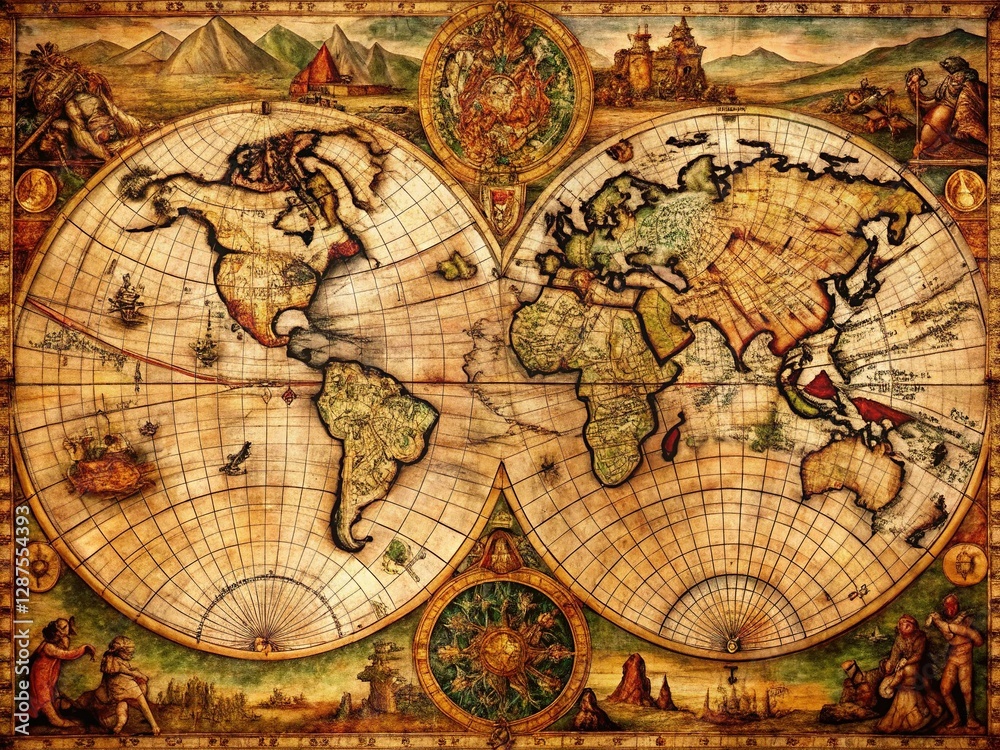 Fototapeta Antique Pen & Ink World Map, Vintage Cartography Illustration, Aged Paper Texture