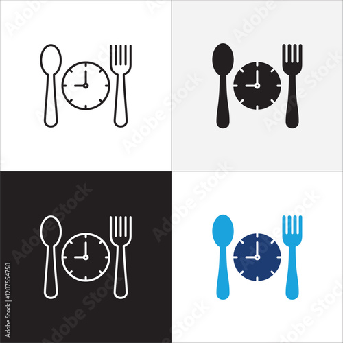 Lunch time icon set. Time break for lunch icon collection. Icon set contain symbol of restaurant, dinner, eat schedule, rest hours, lunchtime, eat, cafe, routine. Vector stock illustration.