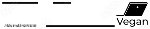Black laptop to right with Vegan text, three horizontal lines on left, minimalist design. Ideal for tech, veganism, education, work, lifestyle simplicity abstract communication. Flat business