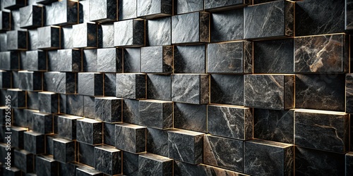 Fototapeta Naklejka Na Ścianę i Meble -  Black Marble Brick Wall: 3D Square Texture Pattern Stock Photo