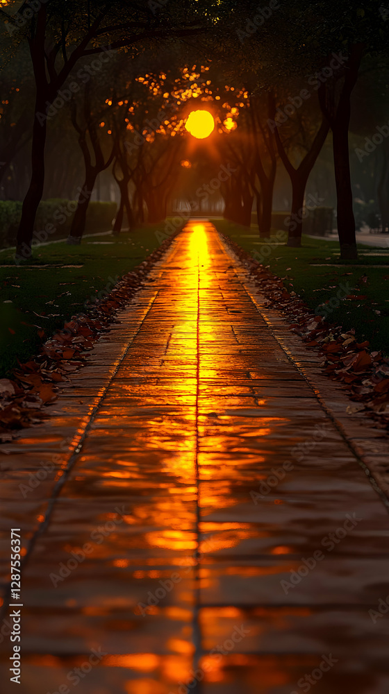 Fototapeta premium Golden Sunset Path Through Wet Alley