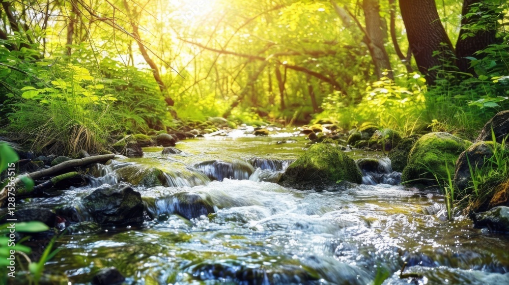 Peaceful spring scene with a flowing water stream surrounded by green forest.
Peaceful spring scene with a flowing water stream surrounded by green forest.