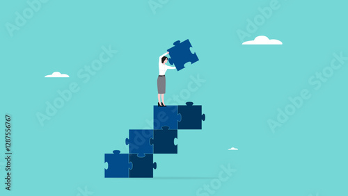 success step to achieve business goal, Business goals as profit target achievement process, the way to achieve goal, management or strategy to achieve target, businesswoman making ladder from puzzle