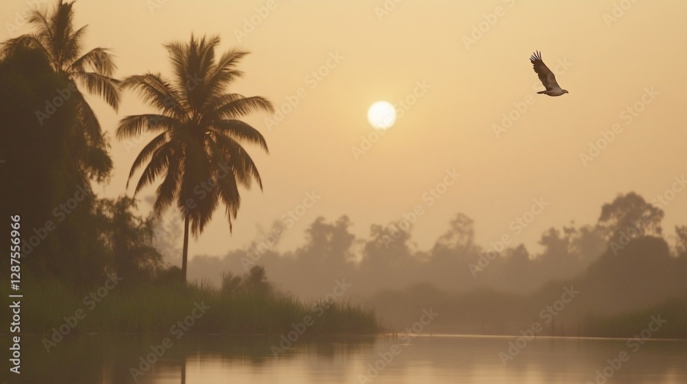 Sunrise, bird flying, river, palm trees, hazy landscape Sunrise, bird flying, river, palm trees, hazy landscape
