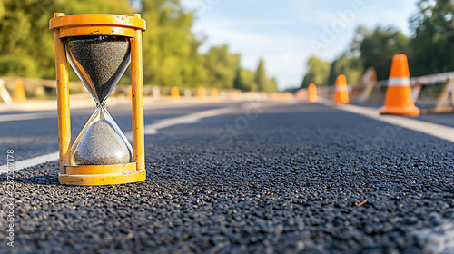 Yellow Hourglass on Newly Paved Road with Traffic Cones