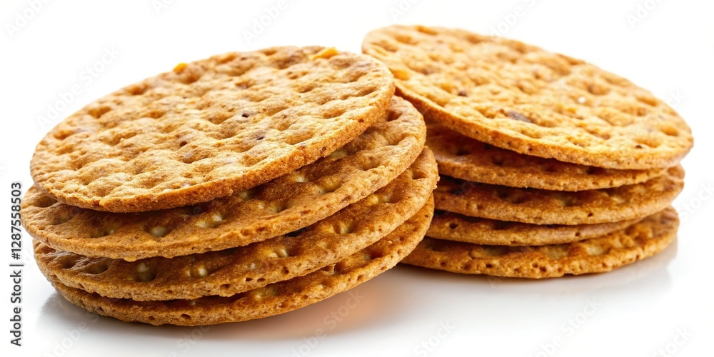 Crispy Round Crackers, Crunchy Whole Grain Bread Snacks, Isolated White Background Crispy Round Crackers, Crunchy Whole Grain Bread Snacks, Isolated White Background