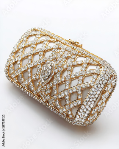Close up of a bejeweled clutch. The purse is cream-colored with ornate, gold leaf and sparkling stone designs.
