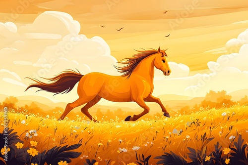 A galloping horse running freely on the grassland under the sunset